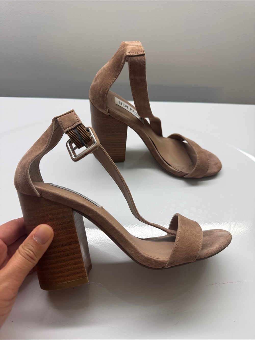 Steve Madden Beige Suede Block Heel Sandals - Picture 1 of 7